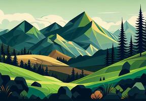 Panoramic abstract mountain scenery in flat style. Natural wallpaper - image photo