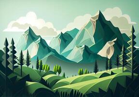 Panoramic abstract mountain scenery in flat style. Natural wallpaper - image photo