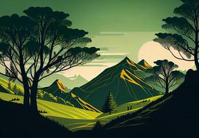 Panoramic abstract mountain scenery in flat style. Natural wallpaper - image photo