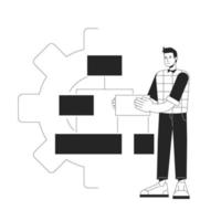 Machine learning algorithms black and white concept vector spot illustration. Editable 2D flat monochrome cartoon character for web design. AI system creative line art idea for website, mobile, blog