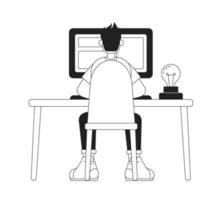 Guy sitting at table with computer monochromatic flat vector character. Linear hand drawn sketch. Editable full body person. Simple black white spot illustration for web graphic design and animation