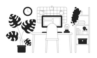 Aesthetic cozy workspace at home vector monochrome isolated spot illustration. Flat black and white composition on cartoon background. Thin line editable scene for mobile, website, magazine