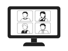 Computer monitor with online video meeting monochrome flat vector object. Editable black and white icon. Full sized element. Simple thin line art spot illustration for web graphic design and animation