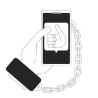 Telephone dependence black and white concept vector spot illustration. Editable 2D flat monochrome cartoon first view hand for web design. Handcuffs and phone line art idea for website, mobile, blog