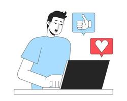 Happy man getting likes from social media linear flat color vector character. Editable figure. Full body person on white. Thin line cartoon style spot illustration for web graphic design and animation