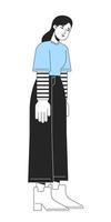 Depressed girl lowering head down linear flat color vector character. Editable figure. Full body person on white. Thin line cartoon style spot illustration for web graphic design and animation