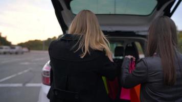 dois feliz mulheres depois de compras colocar bolsas dentro a tronco do a carro, sentar dentro isto e pegue pronto para dirigir longe video