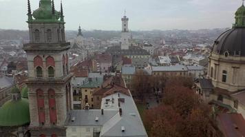 Aerial view of the historical center of Lviv. Shooting with drone. Hyperlapse video