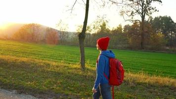 Woman traveler with a backpack walks on the road in the countryside and admires the surrounding scenery video