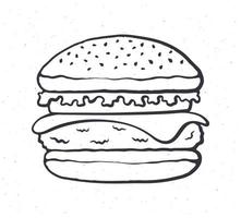 Doodle illustration of big burger with cheese, tomato and salad vector