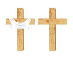 Two wooden Christian crosses. A simple wooden cross with and without a shroud on a white background. Design element for religious holidays and themes. Vector illustration.