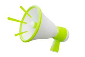 Realistic 3D rendering of a green and white megaphone. Business announcement or communication concept. 3D Render png
