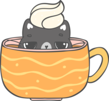 Funny playful cat in coffee cup cartoon doodle hand drawing png