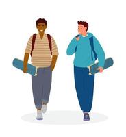 Adolescente Niños con mochilas caminando participación patinetas hablando. plano vector ilustración. aislado en blanco.