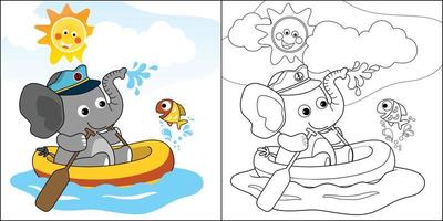 vector cartoon of cute elephant on inflatable boat with a little fish at summer, coloring book or page