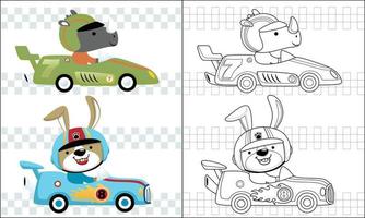 colorante libro de carreras coche dibujos animados con gracioso corredor animales vector