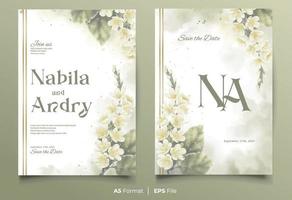 watercolor wedding invitation card template with white and green flower ornament vector