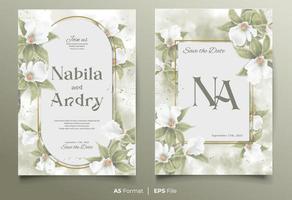 watercolor wedding invitation card template with white and green flower ornament vector
