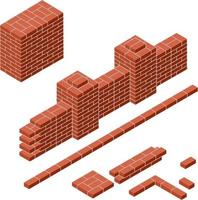 Red brick wall in isometric view. Construction of buildings. Fence with a tower in the corner. The barrier and the curb stone. Material for repair. border of territory. vector