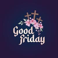 christian religious banner with good friday inscription, vector illustration with watercolor flower and cross sign