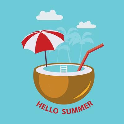 modern flat design invitation on pool party in coconut swimming pool, parasol umbrella, beach chairs and sample text