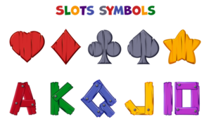 Set of isolated colored wooden slots symbols, Casino icons png
