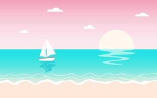 Seascape with pink sunset and turquoise sea. Vector illustration of a sailboat on a sunset background