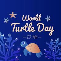 World Turtle Day 23 May background. Turtle swims in the ocean against the background of the sun. Vector illustration