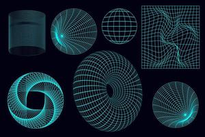 Geometric wireframe shapes and grids in neon color. 3D abstract backgrounds, patterns, cyberpunk elements in trendy psychedelic style. Y2k . vector