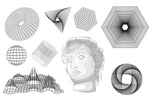 Greek sculpture, modern statues, geometric figures on a transparent background. Psychedelic stickers with antique Greek sculpture. vector