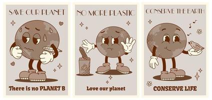 Set monochrome posters or cards for Earth Day. Groovy planet characters in retro cartoon style of 60s 70s. Concept save planet. No more plastic. No planet B. Conserve life.Flat vector illustration.