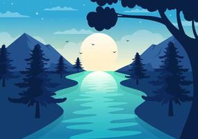 River Landscape Illustration with View Mountains, Green Fields, Trees and Forest Surrounding the Rivers in Flat Cartoon Hand Drawn Templates vector