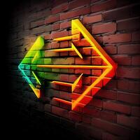 Neon orange and green arrows on brick wall. AI generated photo