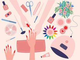 Vector manicure process flat style top view illustration. Manicure in nail salon with tools on table.