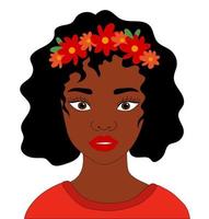 Black woman with wreath flowers on her head. Vector illustration of a black girl with curly hair. Poster, postcard with a woman.