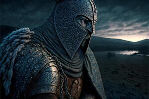 Celtic knight in armor, battlefield in background.. photo