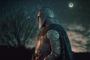 Celtic knight in armor, battlefield in background.. photo