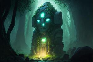 Mystical portal in the forest in the form of a golem's head, green mist. photo