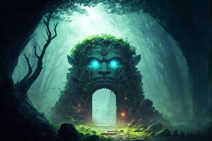 Mystical portal in the forest in the form of a golem's head, green mist. photo