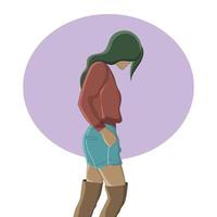 flat design of a walking girl with wearing boot and fashionable clothes vector