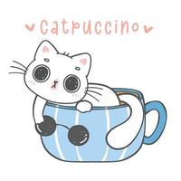 linda gracioso juguetón gatito gato en café taza, catuchino, dibujos animados animal garabatear mano dibujo vector