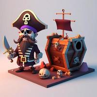 Ghost pirate captain 3D, with chest on the side, cute. AI digital illustration photo