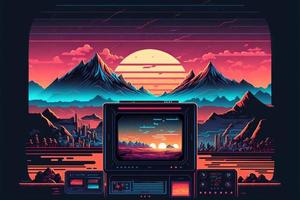 Old video game console with landscape in the background, 16 bit pixel art. Digital illustration. AI photo