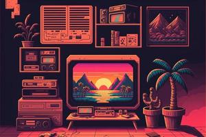 Old video game console with landscape in the background, 16 bit pixel art. Digital illustration. AI photo