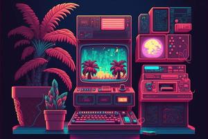 Old video game console with landscape in the background, 16 bit pixel art. Digital illustration. AI photo