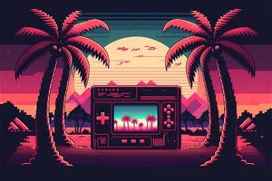 Old video game console with landscape in the background, 16 bit pixel art. Digital illustration. AI photo