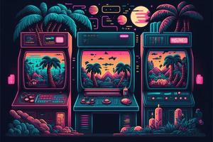 Old video game console with landscape in the background, 16 bit pixel art. Digital illustration. AI photo