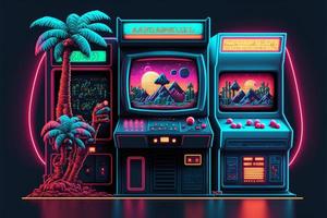 Old video game console with landscape in the background, 16 bit pixel art. Digital illustration. AI photo