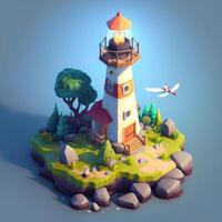 Island 3d landscape with lighthouse and flying birds. photo