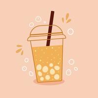 burbuja té naranja limonada en taza con tapa y Paja vector